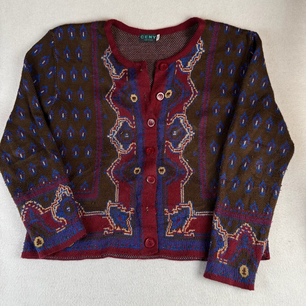 Vintage CENY Women XL Cardigan Sweater Geometric Paisley Knit Made in USA Brown